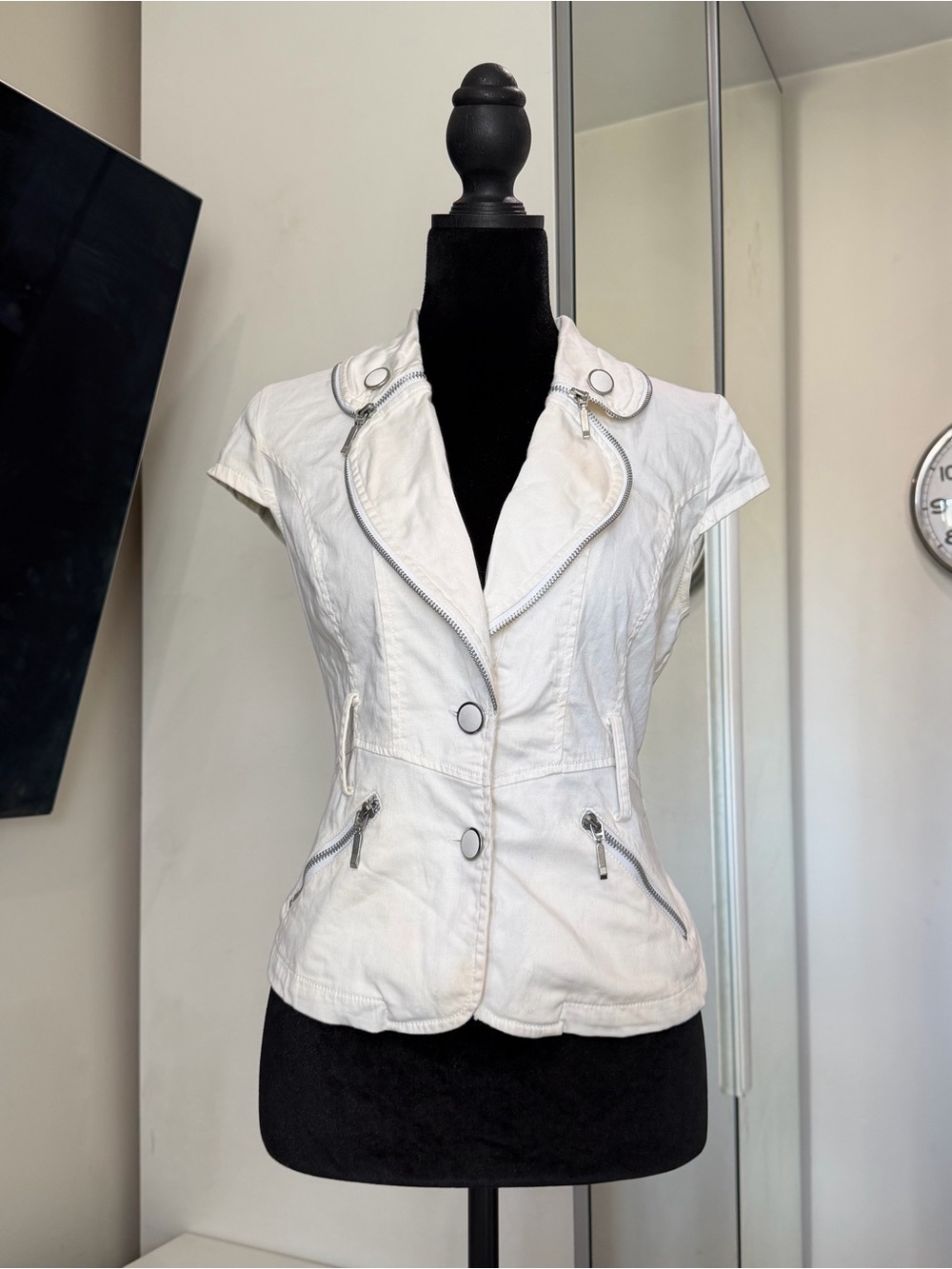 Ashley by 26 International White Moto Zip Short Sleeve Jacket Top